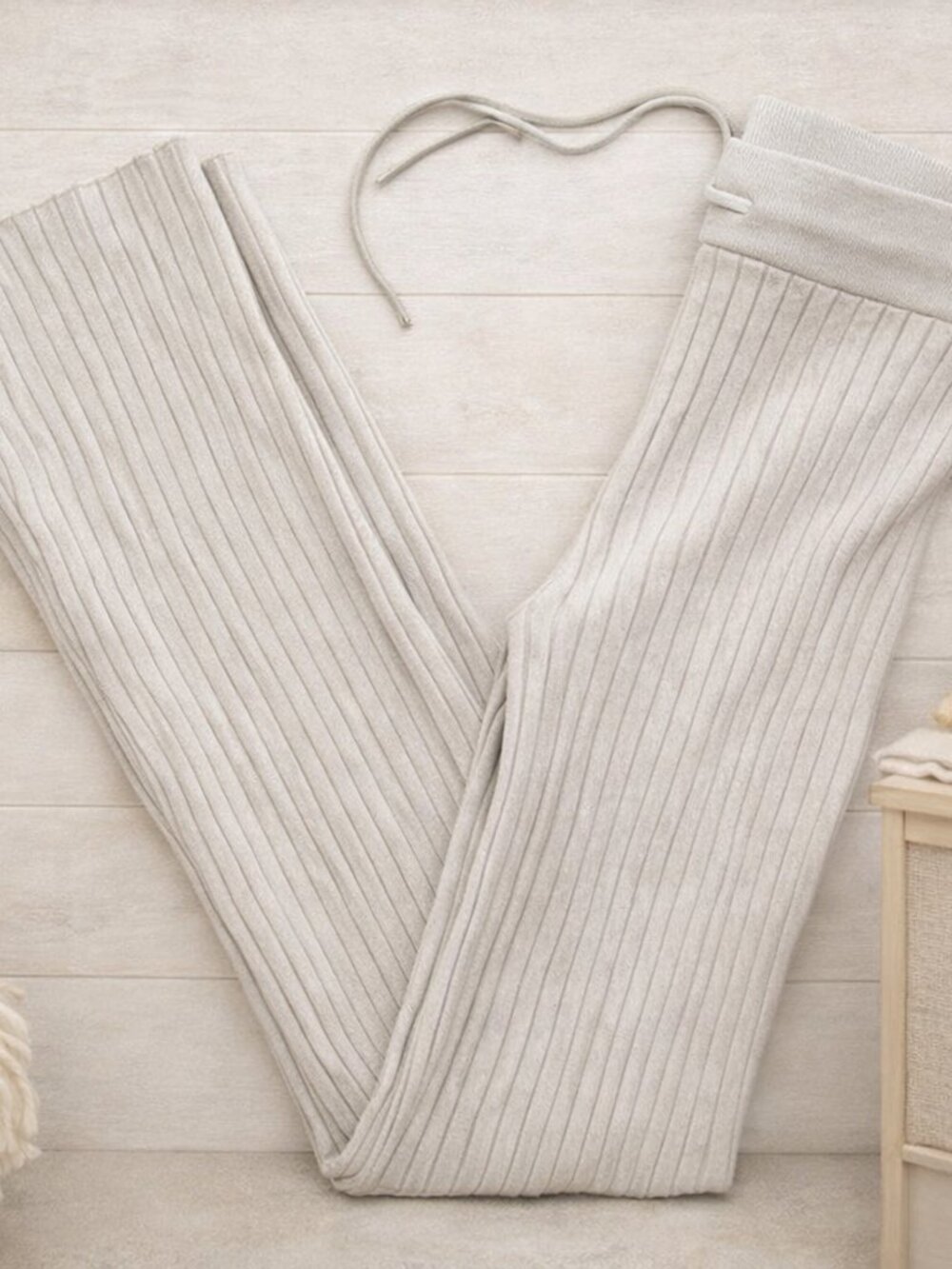 Beige Light Sage Ribbed Knit Lounge Pants Cottagecore Boho Flare Cozy Minimal